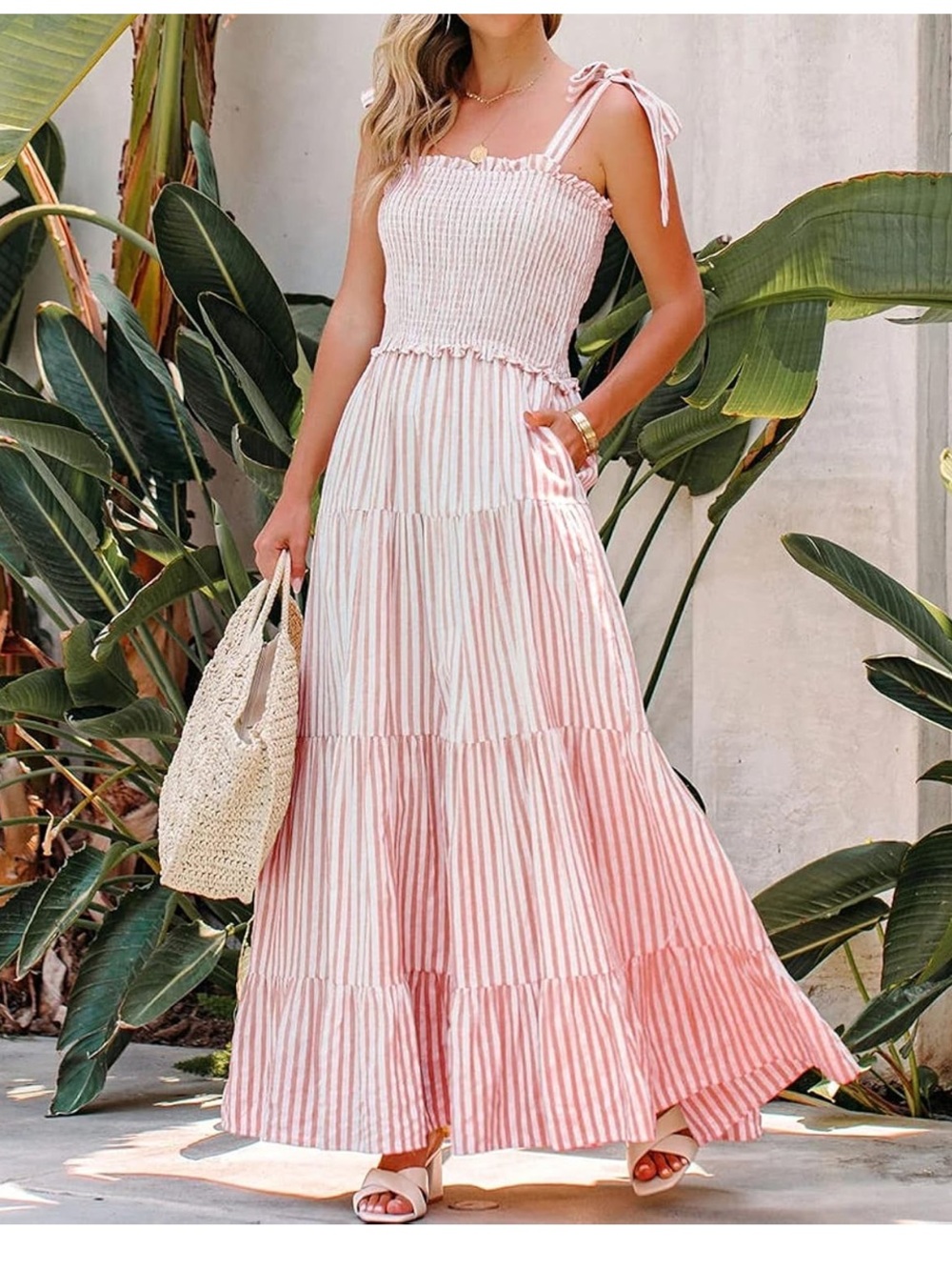 Smocked Tie-Shoulder Maxi Dress in Pink Stripe